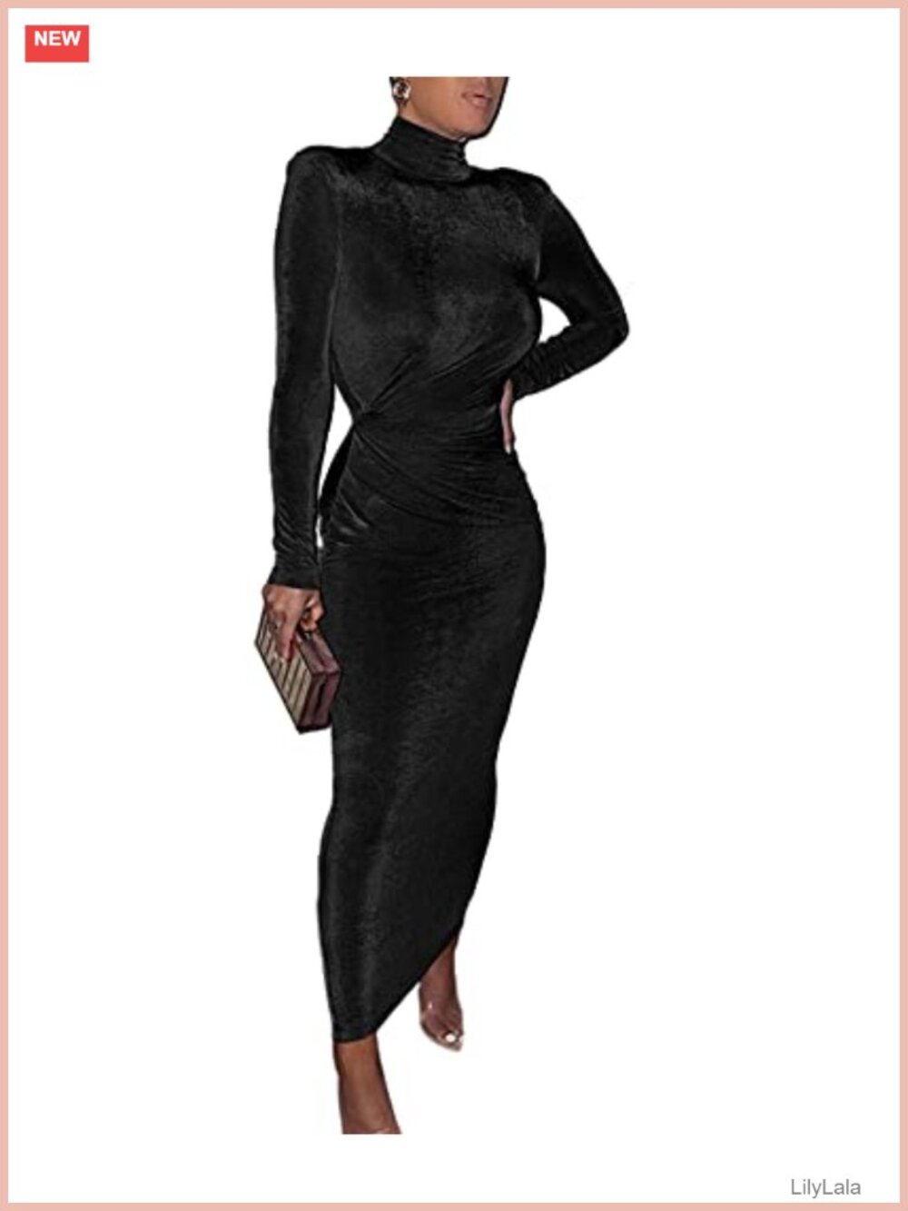 Shimmer Velvet Maxi Dress Turtleneck Long Sleeve Bodycon Ruched Shoulder Pads